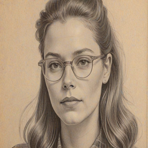 Resplendent Maggie Rogers, pencil sketch, portrait of Bewitching woman 1950s in glasses, hair style beatnik, outline, clear lines, fine lines, 8k