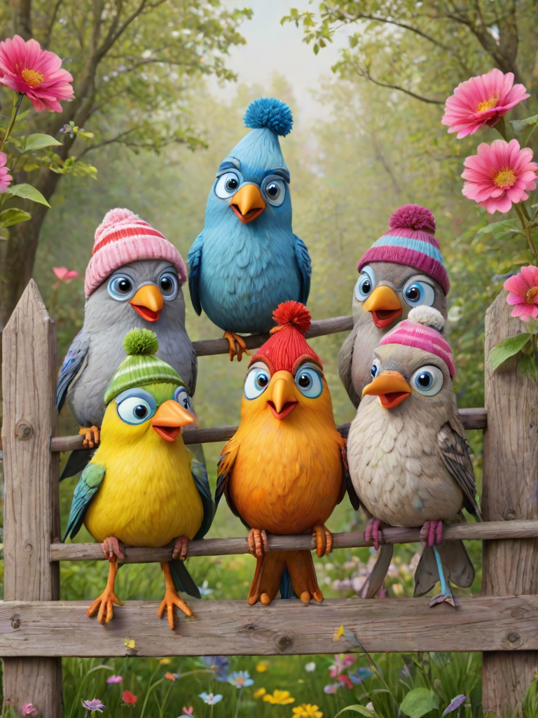 create a scene of 4 quirky  whimsical colourful comical birds each with a funny expression. they are sat on a wooden fence with colourful flowers. they are all different sizes. each one is a different colour  one is wearing a woolly hat. Each one has a different quirky google expression and there is a muted background of trees watercolour paintierly style high definition 8k resolution 3D paper mache
