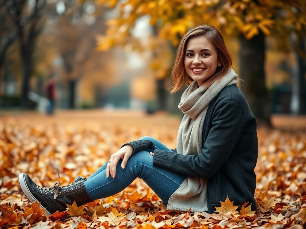 Capture a candid portrait of a woman sitting on golden autumn leaves in a serene park, with a soft focus background, using a 50mm lens at f/1.8, ISO 200, shutter speed 1/250s, natural daylight, full frame DSLR camera, emphasize warm tones and soft highlights.