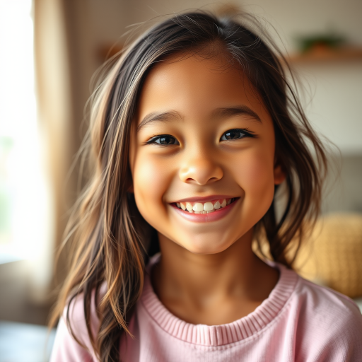high-resolution portrait of a young girl with a bright smile in a cozy room, soft natural lighting, shallow depth of field, DSLR camera, aperture f/2.8, ISO 200, 50mm lens, focus on the face with a softly blurred background, warm tones
