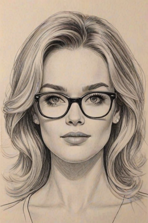 Alluring Ambyr Childers, pencil sketch, portrait of Enticing woman 1961s in glasses, hair style beatnik, outline, clear lines, fine lines, 8k