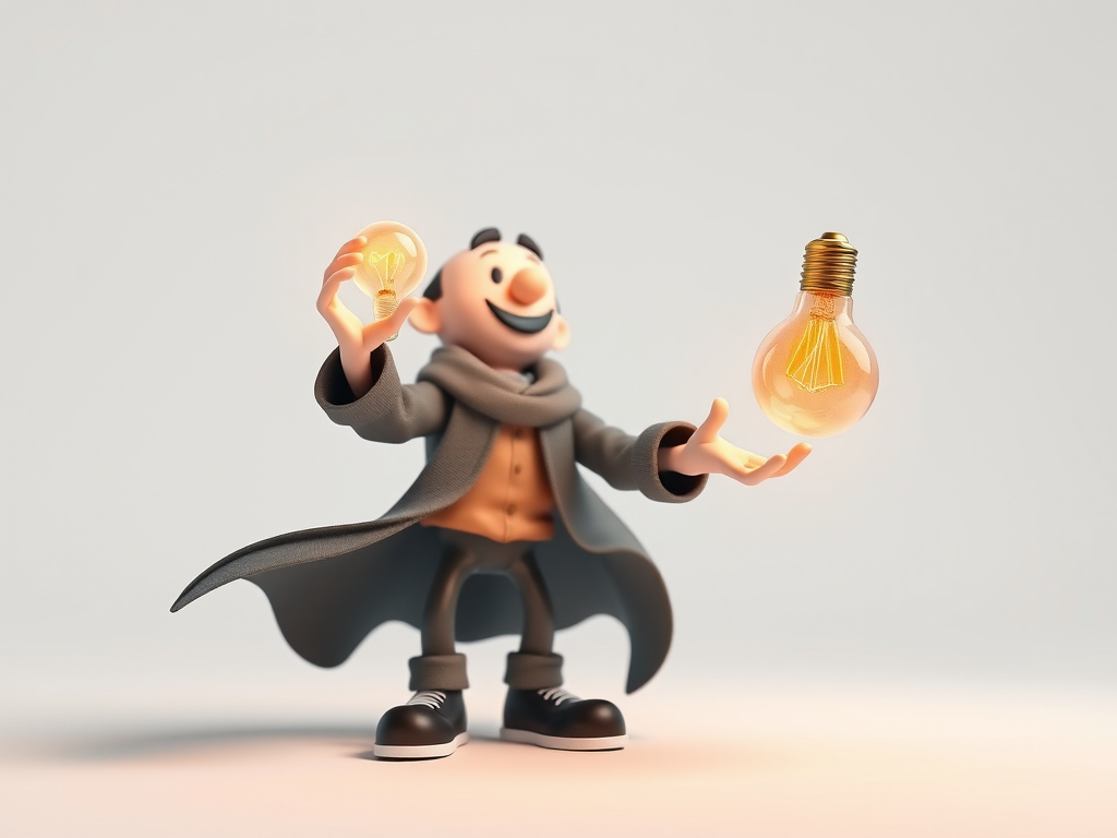 Create a high-resolution image of a 3D character juggling a glowing light bulb, with a clean white background, captured using a DSLR camera at f/2.8 aperture, ISO 100, 1/200 sec shutter speed, with a soft focus effect, and a slight vignette for depth.