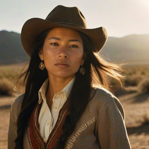 Dramatic photo of a beautiful Aymara woman, classic cowboy attire, confident and free spirit expression, half-length portrait, centered, golden hour desert landscape, warm, diffused light, low angle, medium format film camera, in style of Annie Leibovitz.