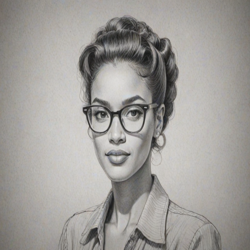 Radiant Annie Ilonzeh, pencil sketch, portrait of Attractive woman 1945s in glasses, hair style beatnik, outline, clear lines, fine lines, 8k