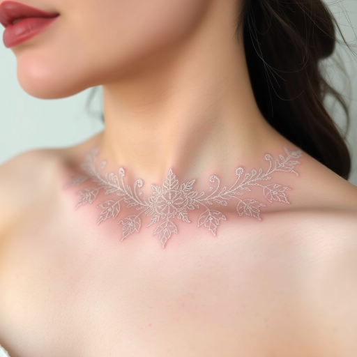 Ethereal white ink tattoo across the collarbone, depicting delicate lace patterns and intricate filigree designs that appear as a subtle, ghostly adornment