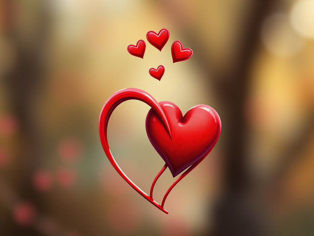 Create a vibrant digital illustration of entwined red hearts with smaller hearts above them, using a high-resolution setting of 300 DPI, a depth of field effect to softly blur the background, captured with a DSLR camera styled under soft lighting conditions.