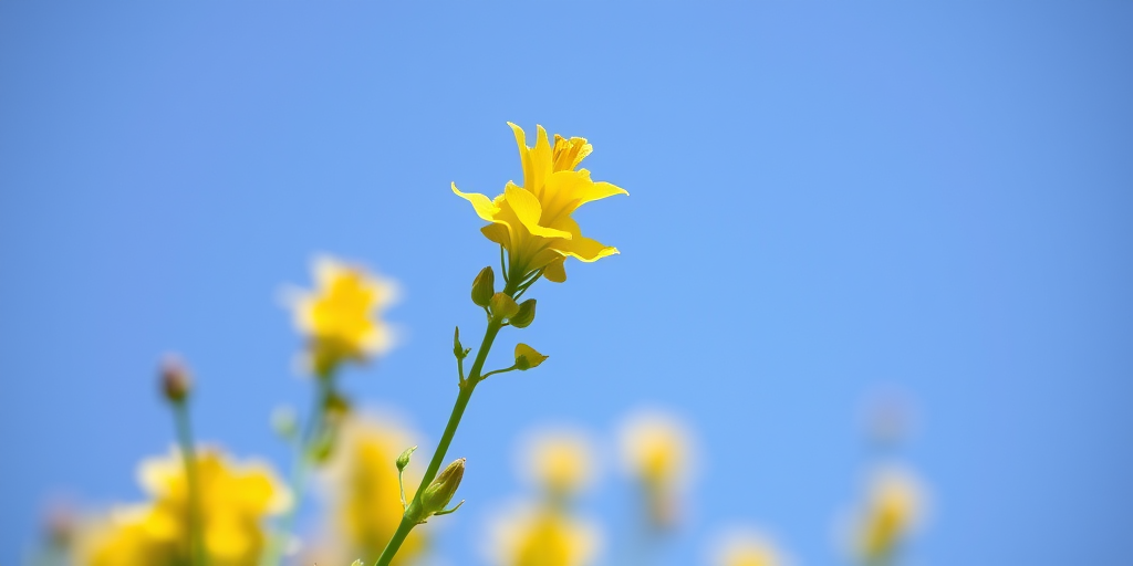 Capture a close-up of a flowering yellow plant against a clear blue sky, using a DSLR camera with a 50mm lens, aperture set to f/2.8 for a shallow depth of field, shutter speed at 1/200s, ISO 100, shooting in natural light.