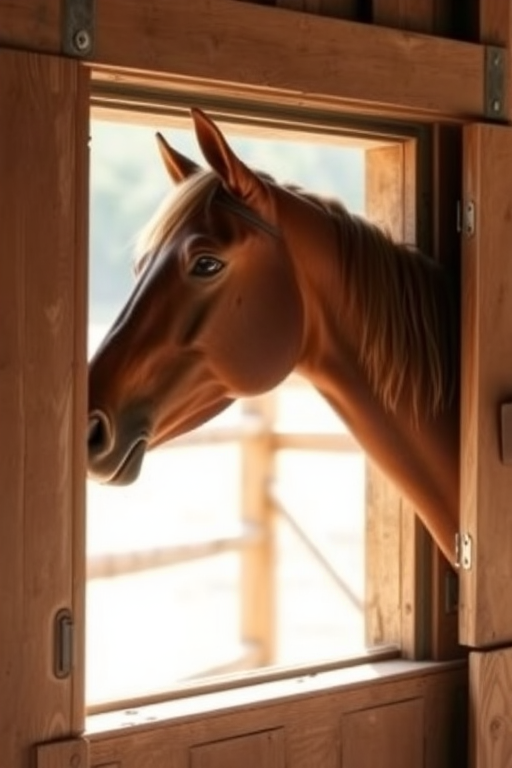photograph a brown horse looking out from a barn window with natural light, aperture f/2.8 for shallow depth of field, ISO 100 for clear quality, 50mm lens for focused detail, taken from eye level for an intimate perspective, use a DSLR camera for high resolution