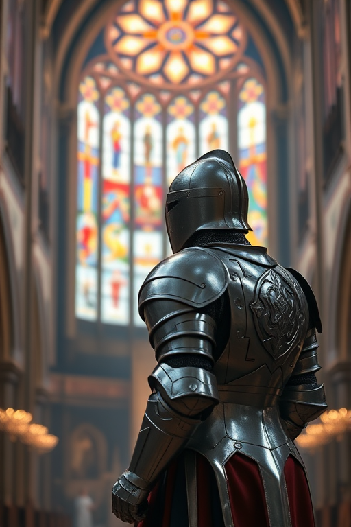 A lone knight in shiny armor standing in a grand, illuminated cathedral with elaborate stained glass, soft bokeh background, shot with a Canon EOS R5, 24-70mm lens, aperture f/2.8, ISO 100, 1/125s, backlit to enhance the ethereal glow and details of the armor.