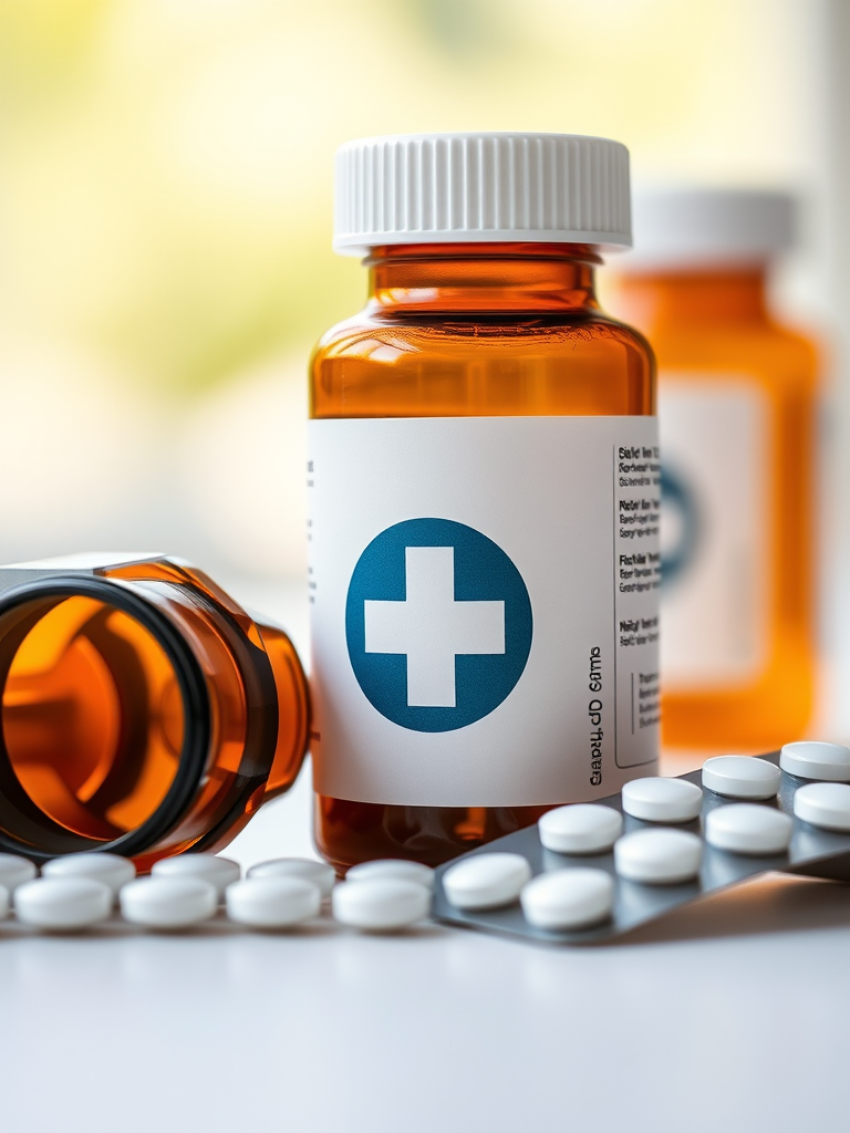 Create a high-resolution image of a medicine bottle with a cross symbol next to a strip of pills, macro lens, f/2.8 aperture, 100mm focal length, soft natural lighting, shot from a slightly elevated angle using a DSLR camera.