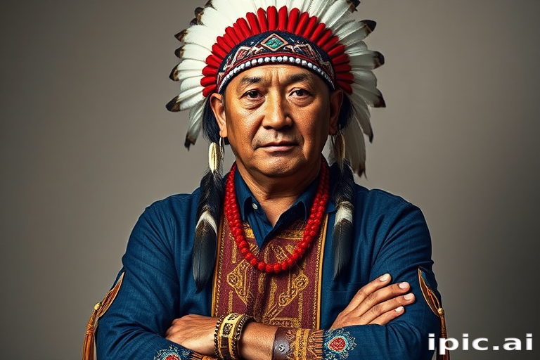 Create a dignified portrait of a Native American man dressed in traditional attire. He wears a beautifully crafted headdress adorned with white feathers and red beads, along with a beaded headband featuring intricate patterns. His clothing includes a deep blue, patterned shirt and a traditional chest piece with detailed beadwork. His arms are crossed, displaying leather armbands decorated with feathers. The background is simple and neutral, emphasizing his proud and stoic expression. The overall image captures the rich cultural heritage and strength of his persona.