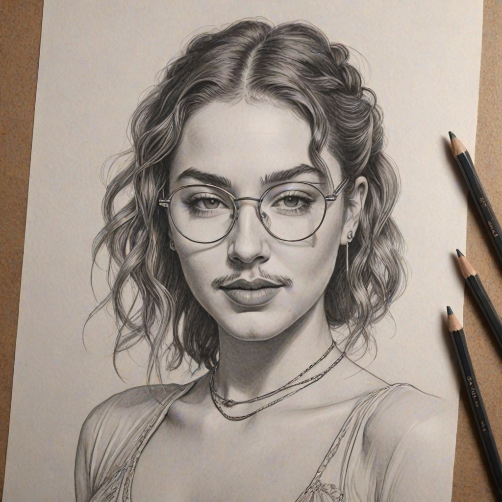 Ravishing Post Malone, pencil sketch, portrait of Alluring woman 1933s in glasses, hair style beatnik, outline, clear lines, fine lines, 8k