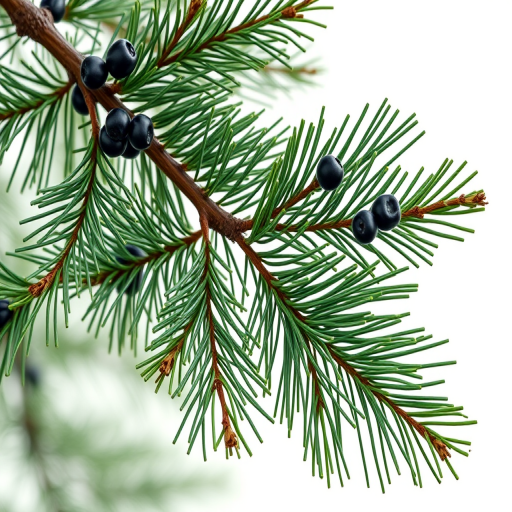 Create a highly detailed illustration of a pine branch with a cross shape, featuring rich green needles and dark berries, shot with a DSLR camera at 50mm focal length, f/1.8 aperture, ISO 100, natural light, and a shallow depth of field to enhance focus on the branch and create a soft background blur.
