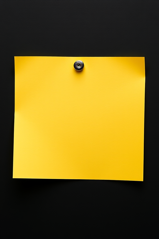 Create a close-up image of a yellow sticky note pinned to a black background using a DSLR camera with a 50mm lens, aperture set to f/1.8, ISO 100, and a shutter speed of 1/125s to enhance image quality and focus.