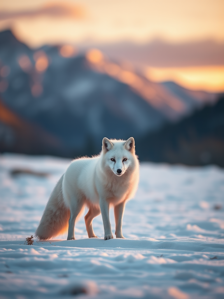 Regenerate an image of a white fox standing in a snowy landscape with mountains in the background during golden hour, using a DSLR camera with a 50mm lens, f/1.8 aperture, ISO 100, and a shallow depth of field for a soft background blur.