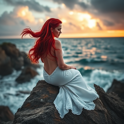 A serene mermaid with flowing red hair in a white gown sits on rocky cliffs by a turbulent sea, evening light illuminating stormy clouds in the background, shot with a DSLR camera at f/2.8 aperture, 1/125 shutter speed, 50mm lens, soft focus on the sea, high dynamic range for vibrant colors.