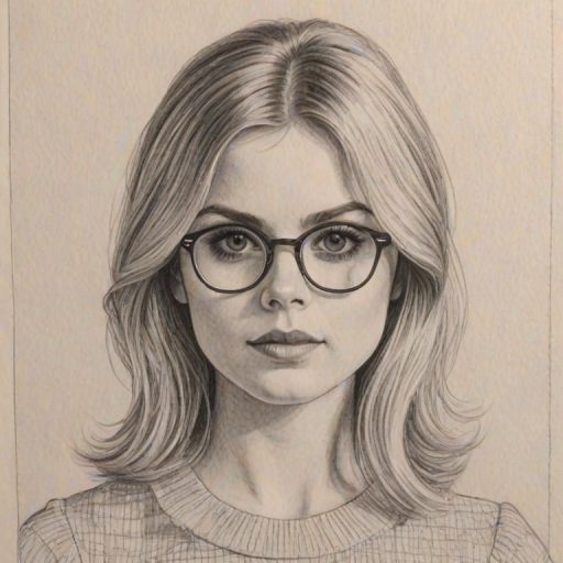 Graceful Rose McIver, pencil sketch, portrait of Fetching woman 1969s in glasses, hair style beatnik, outline, clear lines, fine lines, 8k