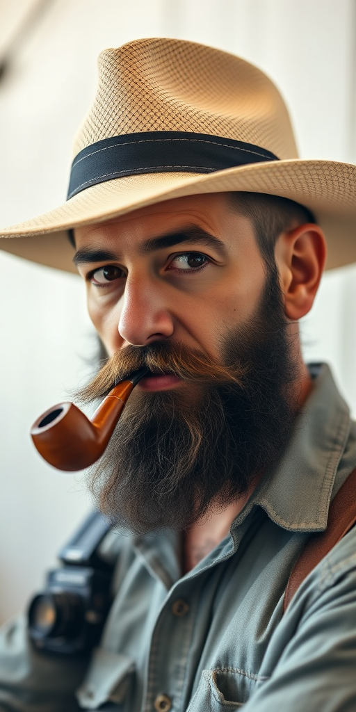 Regenerate a portrait of a bearded man wearing a panama hat and smoking a pipe, with a vintage camera in the background; use a 50mm lens at f/1.8, ISO 100, and natural light to enhance image quality; shoot from a 45-degree angle for a dynamic view.