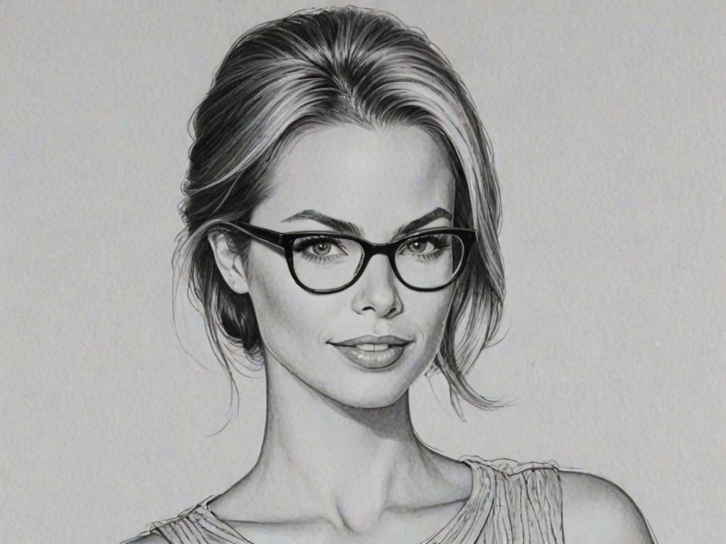 Enticing Brooke Burns, pencil sketch, portrait of Comely woman 1962s in glasses, hair style beatnik, outline, clear lines, fine lines, 8k