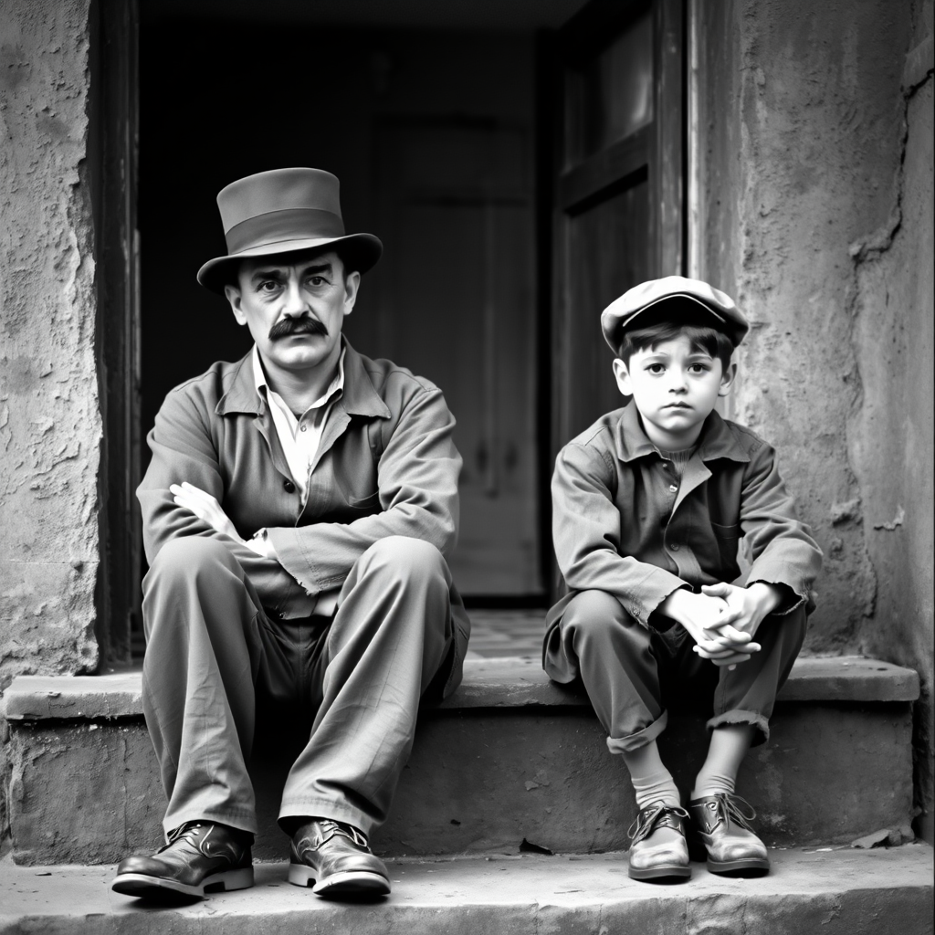 A black-and-white photograph of a man and a child sitting on steps in front of a doorway. The man is dressed as a tramp with a bowler hat, mustache, and ragged clothes, reminiscent of Charlie Chaplin's iconic look. He is sitting with his arms crossed and an expression of slight sadness or frustration. Next to him is a young boy, also in worn clothes and a cap, sitting with his hands clasped, looking thoughtful. The background is an old, textured wall and a partially open door, creating a vintage, early 20th-century atmosphere.