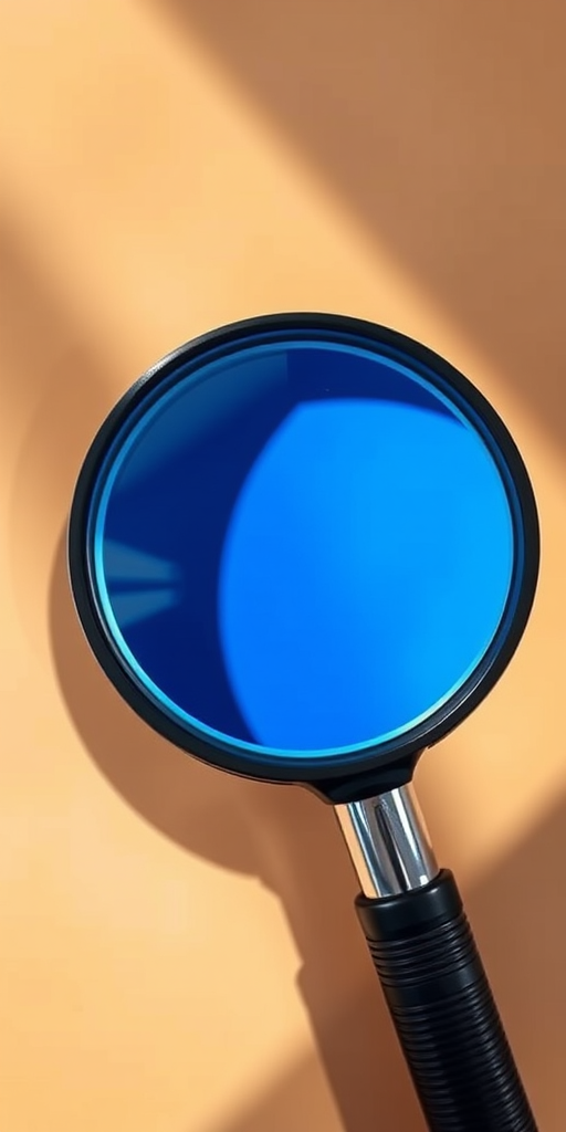 Create a high-definition vector illustration of a magnifying glass with a blue lens and a black handle, shot in bright natural light using a Canon EOS R5 with a 50mm f/1.8 lens at f/2.8, ISO 100, top-down view, ensuring sharp focus and vibrant colors.