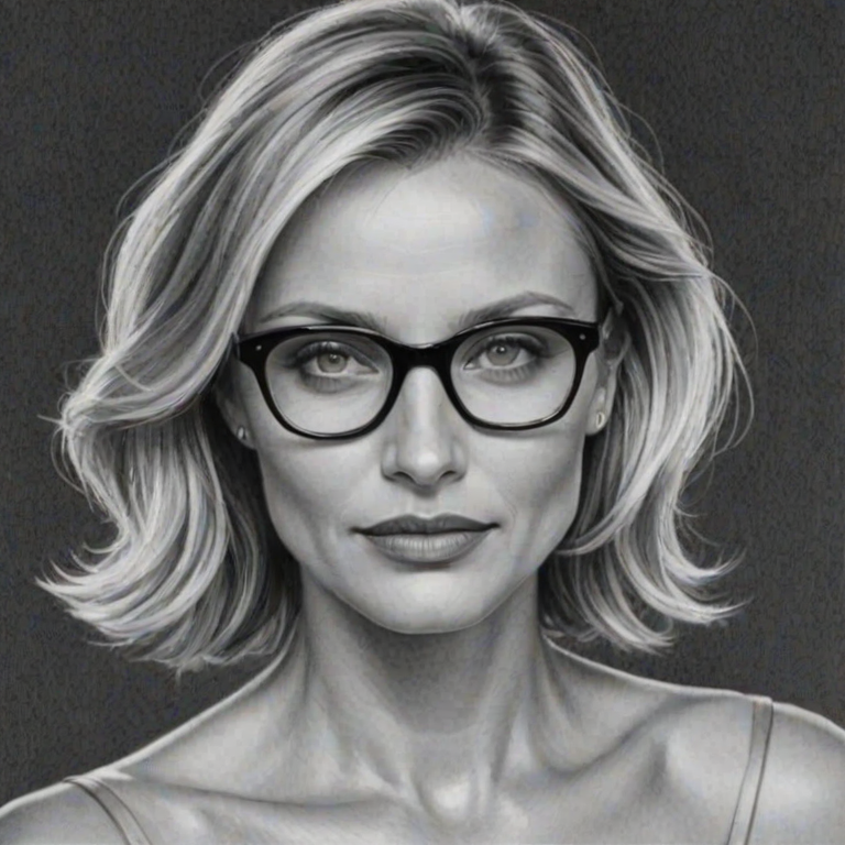 Fascinating Cameron Diaz, pencil sketch, portrait of Dazzling woman 1945s in glasses, hair style beatnik, outline, clear lines, fine lines, 8k