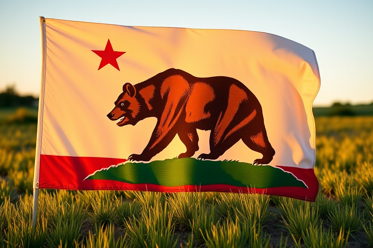 Create a high-resolution image of the California state flag featuring a grizzly bear standing on a patch of green grass with a red star above, using a DSLR camera with a 50mm lens at f/1.8, ISO 100, and a shutter speed of 1/200 sec, shot in a clear outdoor setting during golden hour for enhanced lighting and detail.