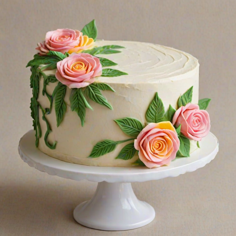 Create an image of a beautifully decorated cake featuring intricate floral designs made from buttercream frosting. The cake should be round and multi-tiered, adorned with pink roses, yellow flowers, and green leaves. The overall appearance should be vibrant and visually appealing, set against a simple white background.