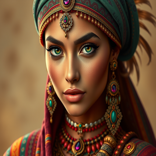Create a portrait of a beautiful Aztec woman with striking green eyes and a gentle expression. She is adorned in traditional attire with intricate patterns, including a richly embroidered headscarf and matching garments. Her jewelry includes a delicate headpiece, dangling earrings, and ornate bracelets, all featuring vibrant gemstones and detailed metalwork. The background is soft and warm, enhancing the rich colors of her outfit and jewelry.