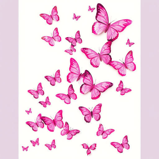 Create an image of a collection of pink butterflies in various sizes, arranged in a flowing pattern that suggests movement. The background should be plain and light to highlight the butterflies, which should have detailed wings and some variations in shade.