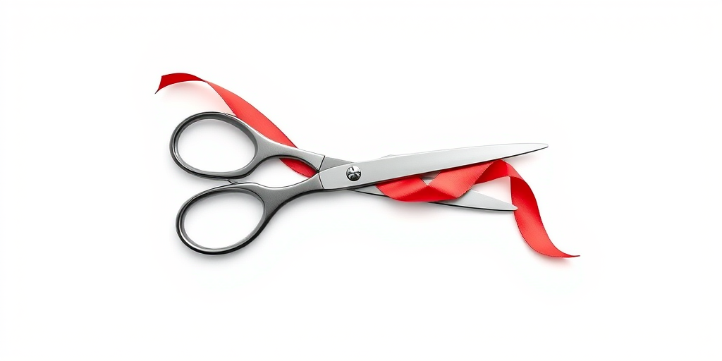 Create a high-resolution vector illustration of a pair of scissors entwined with a ribbon, using a Canon EOS 5D Mark IV, f/8 aperture, ISO 100, 50mm lens, with a clean white background and a balanced lighting setup.