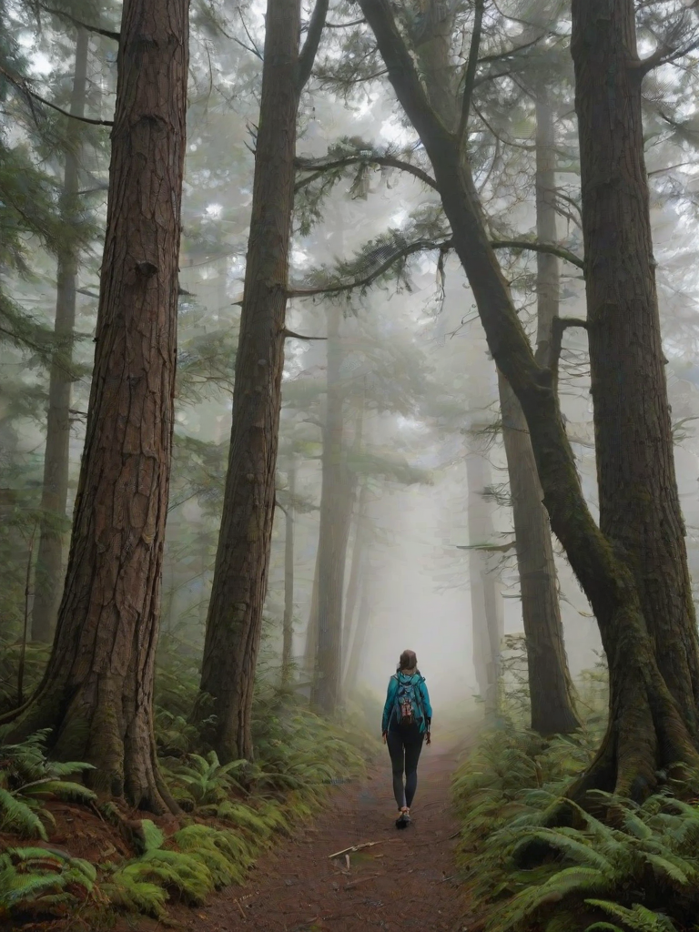 Fog-covered forest trail, ancient trees towering on either side, a woman with a hiking backpack stops to take a deep breath, appreciating the peaceful silence.