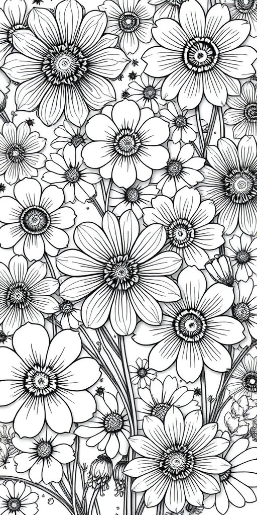 create a detailed black and white illustration of floral patterns with varying flower shapes and sizes, focusing on intricate line work and shading, using a Canon EOS R5 camera with a 50mm f/1.2 lens, at ISO 100, f/8, capturing in natural light to enhance texture and contrast
