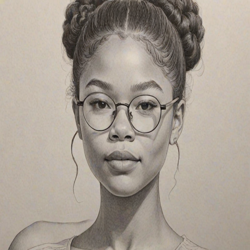 Lovely Storm Reid, pencil sketch, portrait of Graceful woman 1964s in glasses, hair style beatnik, outline, clear lines, fine lines, 8k
