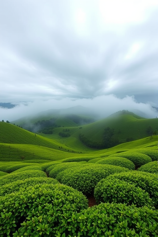 Generate a misty landscape of rolling green tea plantations under a cloudy sky, shot with a DSLR camera at f/8 aperture, 1/200 shutter speed, ISO 100, 24mm lens, in a panoramic view to enhance depth and clarity.