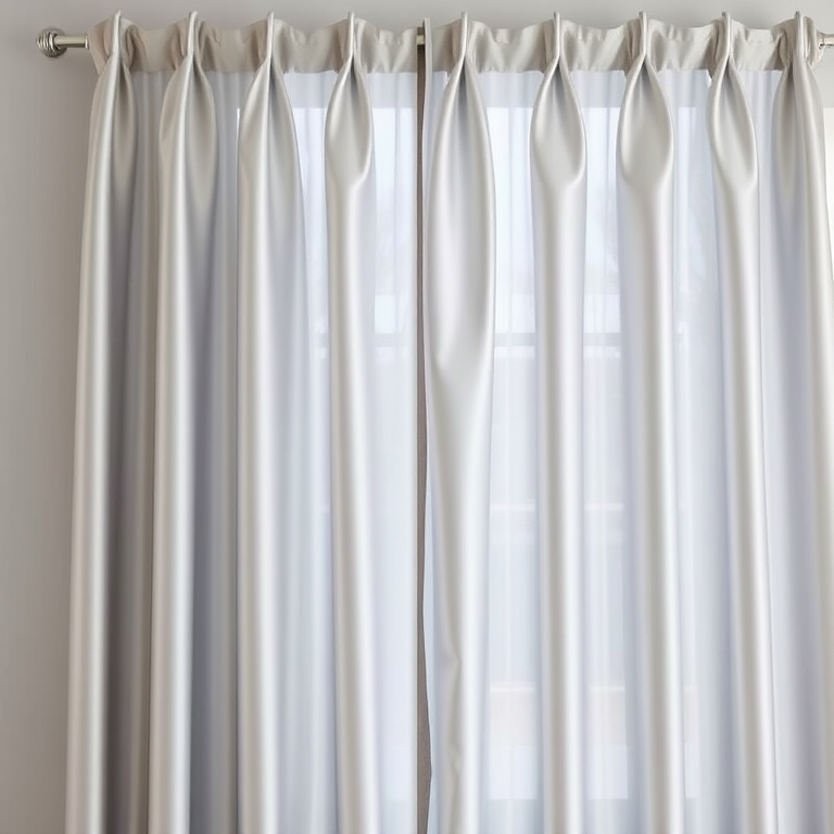 Generate an image of a silver pleated curtain hanging straight, shot with a Canon EOS R5 at f/4.0, ISO 100, 50mm lens, using natural light from a nearby window for enhanced color accuracy and soft shadows.