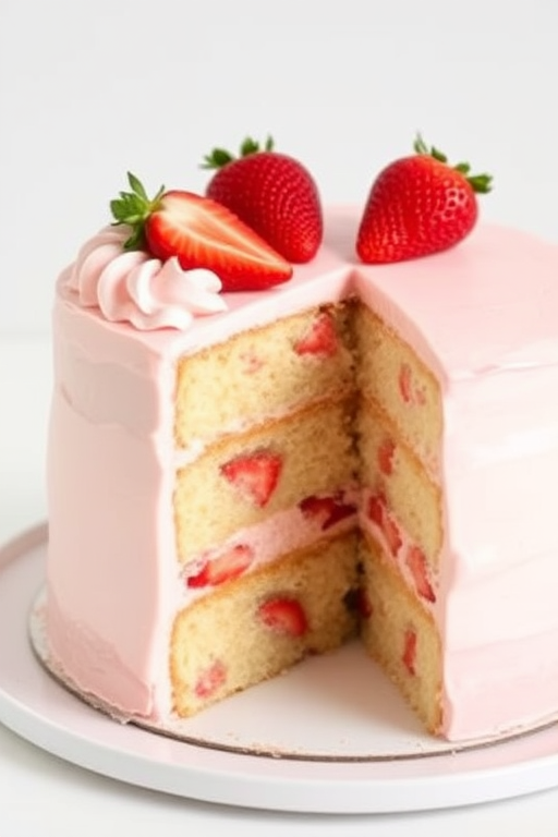 A beautifully decorated layered cake with fresh strawberries on top and a creamy pink frosting, showcasing a slice removed to reveal the fluffy interior filled with strawberry pieces, set on a white plate against a light background.