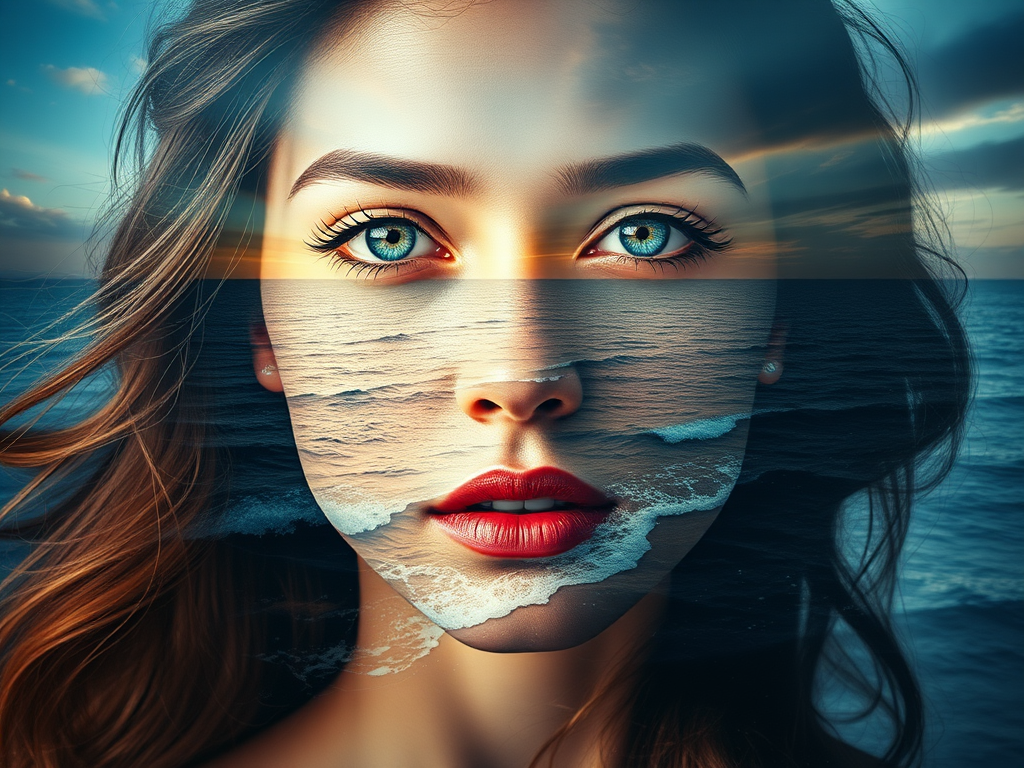 imagine Book cover, A surreal double exposure portrait that blends a woman's face with a beautiful seascape. The overall mood is dreamy and mystical, with rich colors and intricate details