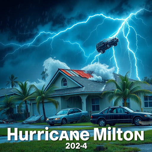 Hurricane Milton blows a roof off a home. Strong winds and rain blows sideways. Palm trees uprooted and bent over. Cars flying through the sky with debris. Sky is dark with thunder storms. Lightning strikes are fluorescent blue. Add text Hurricane Milton 2024