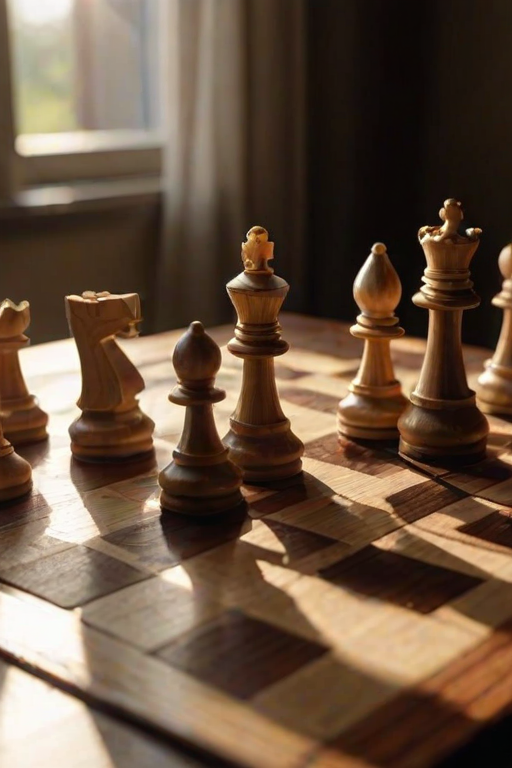 Sharp, detailed close-up of a chessboard mid-game, soft sunlight streaming through a nearby window, pieces positioned strategically, the smell of old wood and concentration filling the air.