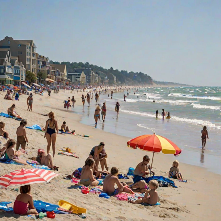 Lively beach scene during summer, with families enjoying the sun, children building sandcastles, and colorful umbrellas dotting the sandy shore, capturing the essence of a perfect day.
