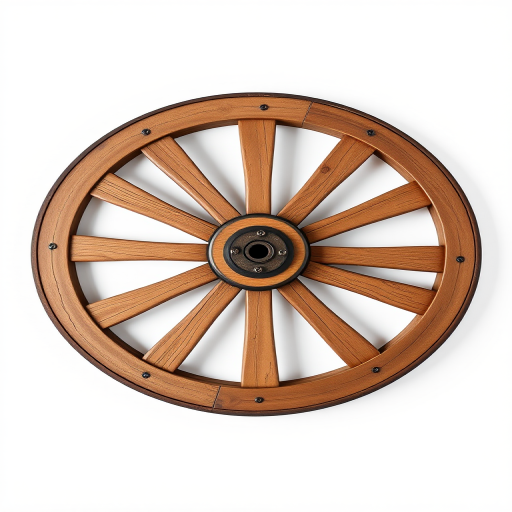Create a high-resolution image of a wooden wagon wheel with 12 spokes, centered on a white background, using a DSLR camera with a 50mm lens, aperture set to f/2.8, ISO 100, and a shutter speed of 1/125 second, in a top-down view for enhanced detail and depth.