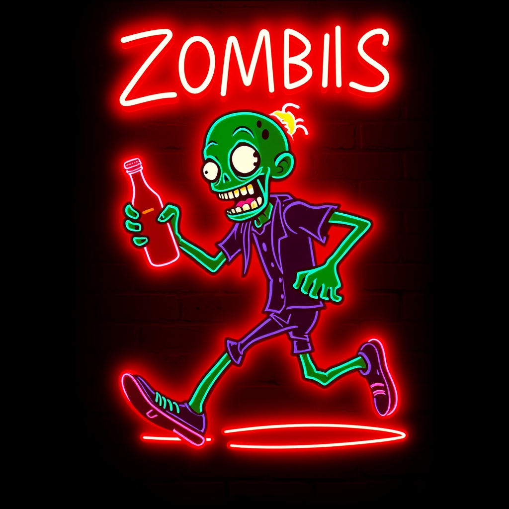 Create an image of a neon sign featuring a cartoon-style zombie in a dynamic pose, holding a bottle. The neon sign should glow in red against a dark background, making the character stand out prominently. The character should appear to be running, capturing attention with its vibrant color and action pose, perfect for advertising or decorative purposes.