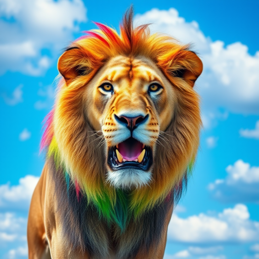Create a vibrant portrait of a lion with a rainbow-colored mane, capturing the lion's fierce expression against a bright blue sky filled with fluffy clouds, using a DSLR camera, 50mm lens, f/1.8 aperture, ISO 100, and soft natural lighting to enhance colors and details.