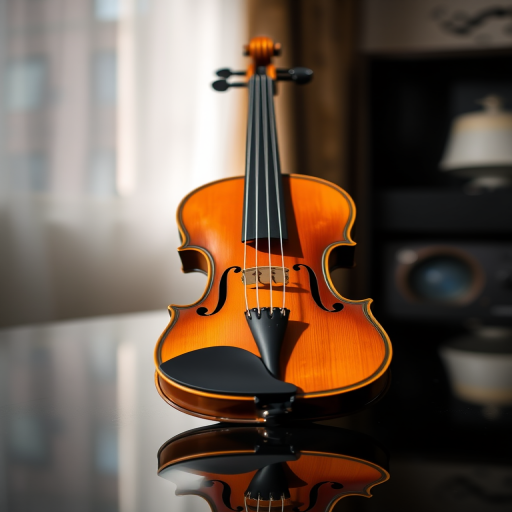 a high-resolution image of a wooden violin on a black reflective surface, shot in soft natural light, with a shallow depth of field, using a DSLR camera with a 50mm lens at f/1.8, ISO 100, shutter speed 1/125s, and centered composition