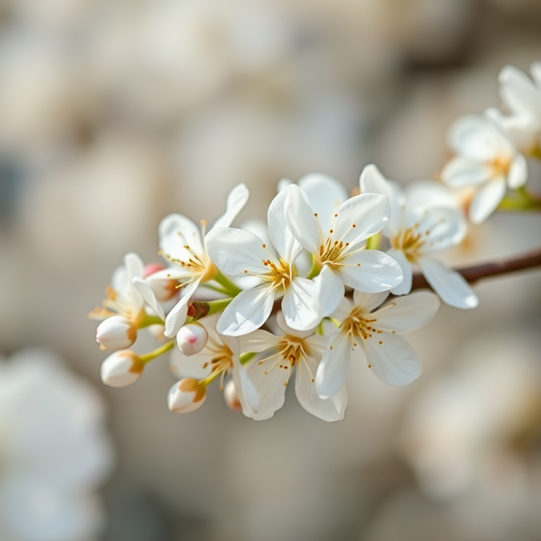 close-up of white flowers on a branch with soft-focus background, f/2.8 aperture, 50mm lens, ISO 100, natural light, DSLR camera, macro photography style