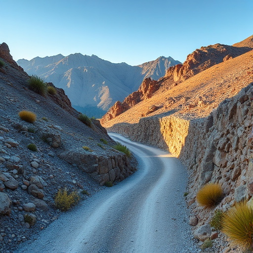 narrow gravel road winding through rocky landscape with mountains in the background, soft natural lighting, taken with a DSLR camera at f/8 aperture, 24mm focal length, ISO 100, using a wide-angle view to capture expansive scenery, enhance image quality with high dynamic range processing