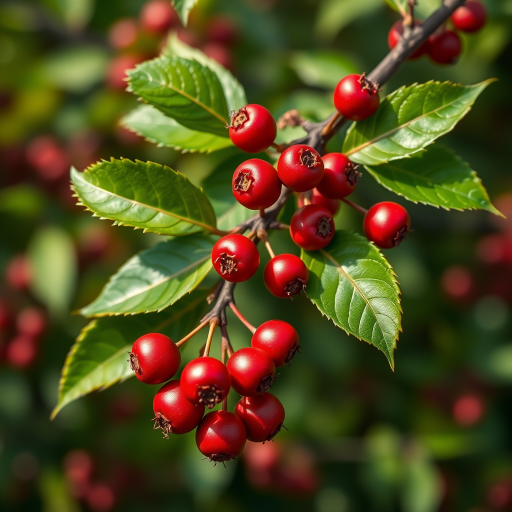 Create a high-resolution digital painting of red berries on a branch with lush green leaves, using a macro lens, aperture f/2.8, 50mm focal length, natural light, and a shallow depth of field to emphasize the textures and colors.