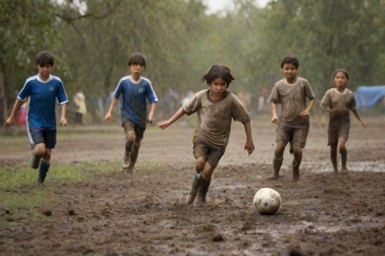 Blurry action shot of children playing soccer in a muddy field, their clothes covered in dirt, soft focus on the ball as it flies through the air, distant trees swaying in the breeze.
