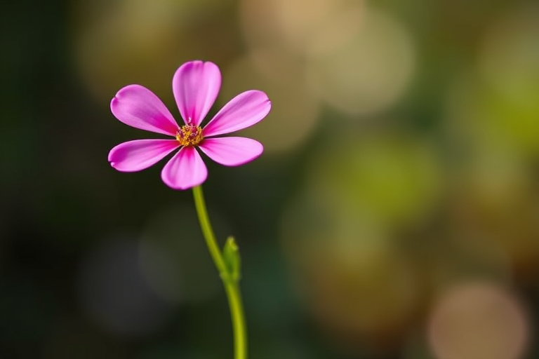 Create a vibrant, high-resolution illustration of a simple flower with five petals, a round center, and a thin stem with leaves, taken from a slightly elevated angle, using a DSLR camera with a 50mm lens, aperture set to f/2.8 for a shallow depth of field, and natural lighting to enhance colors and details.
